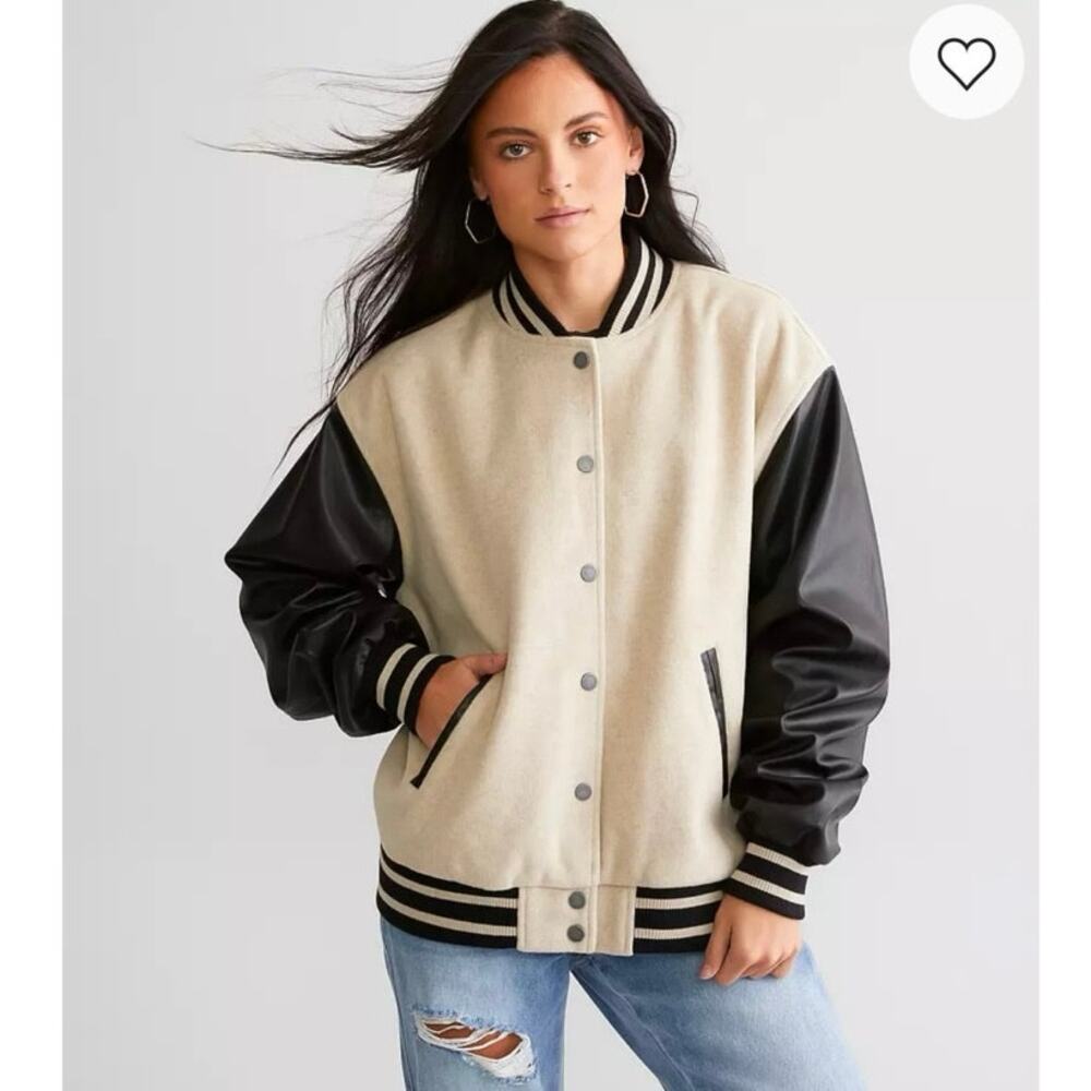 Gilded Intent Cream & Black Bomber Jacket Size Medium